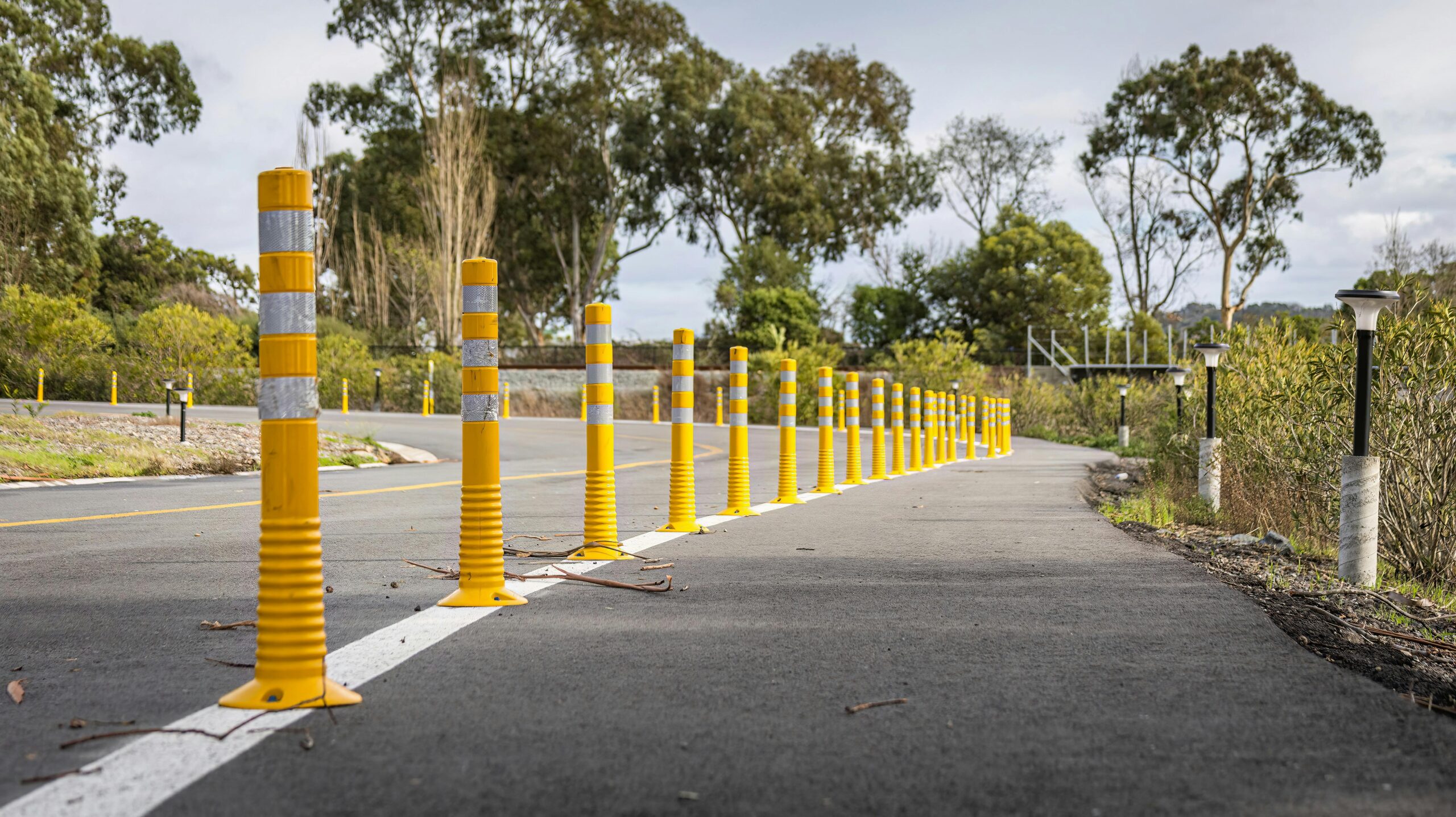 pexels photo 15207996 15207996 A winding road flanked by yellow safety posts with trees in the backdrop, perfect for roadway themes.